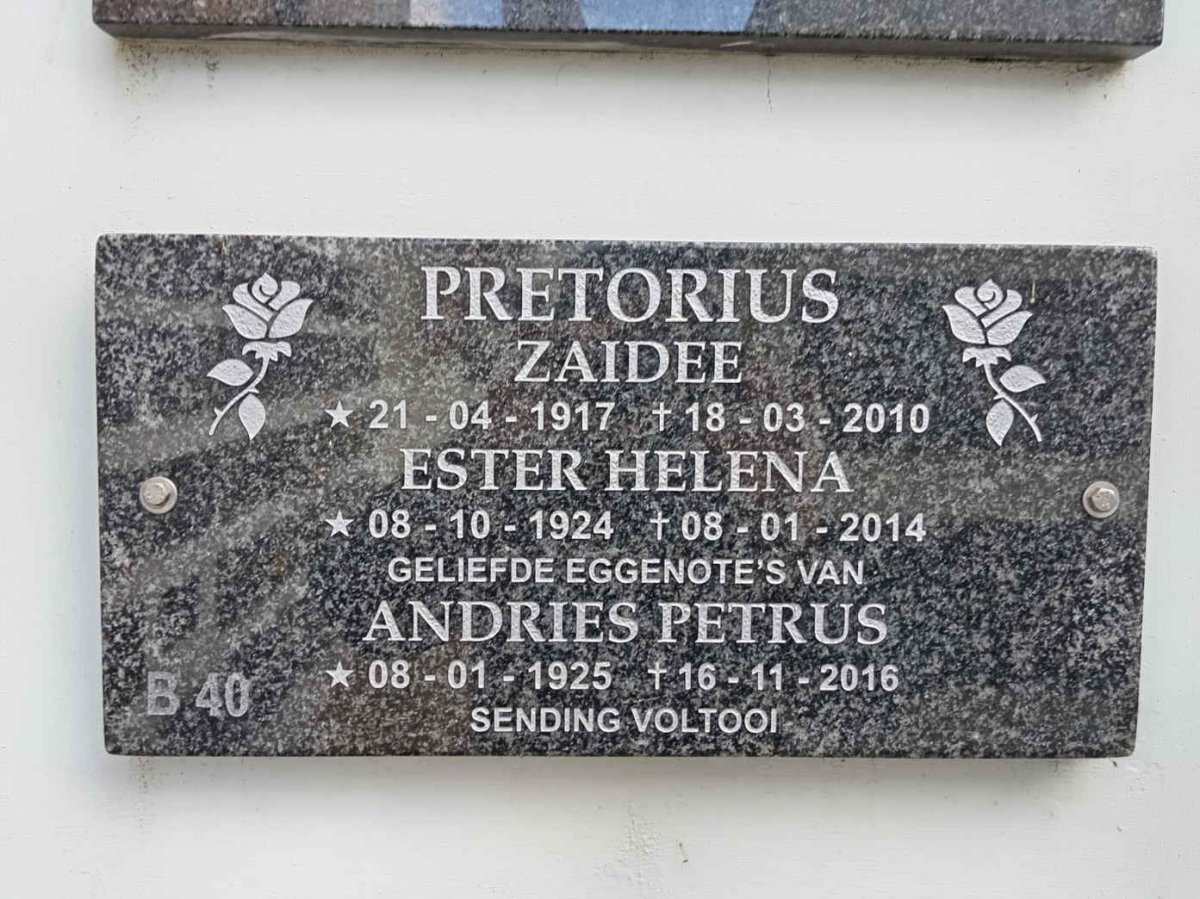 PRETORIUS Andries Petrus 1925-2016 & Zaidee 1917-2010 :: PRETORIUS Ester Helena 1924-2014