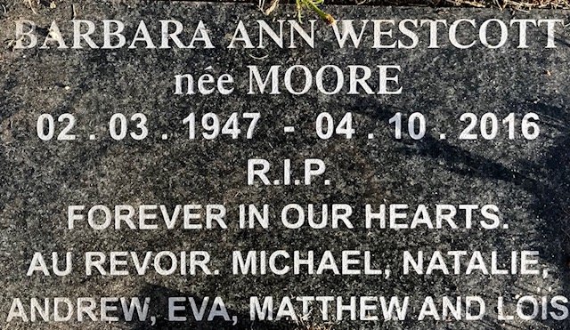 WESTCOTT Barbara Ann nee MOORE 1947-2016