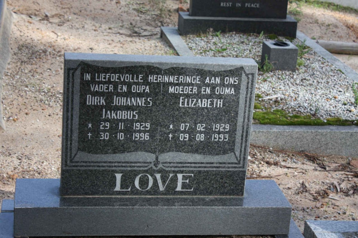 LOVE Dirk Johannes Jakobus 1929-1996 &amp; Elizabeth 1929-1993