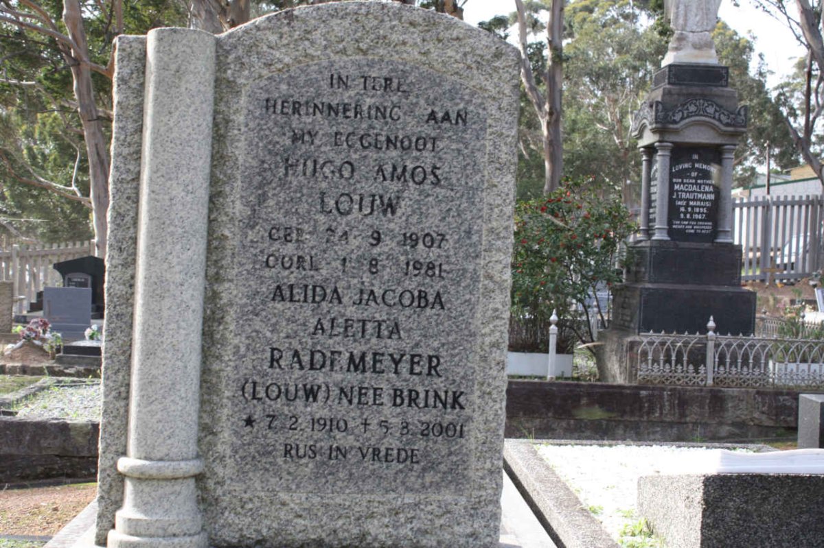 LOUW Hugo Amos 1907-1981 &amp; Alida Jacoba Aletta RADEMEYER formerly LOUW nee BRINK 1910-2001