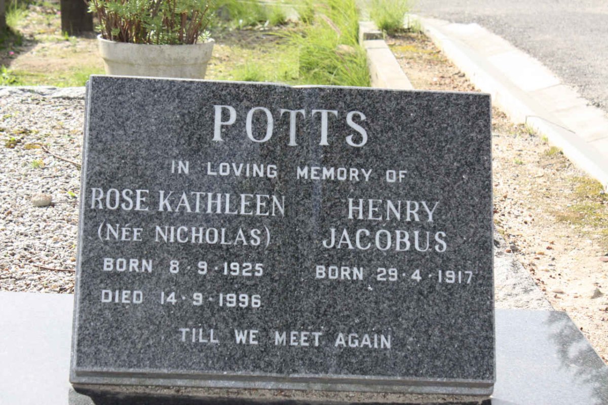 POTTS Henry Jacobus 1917-   &amp; Rose Kathleen NICHOLAS 1925-1996
