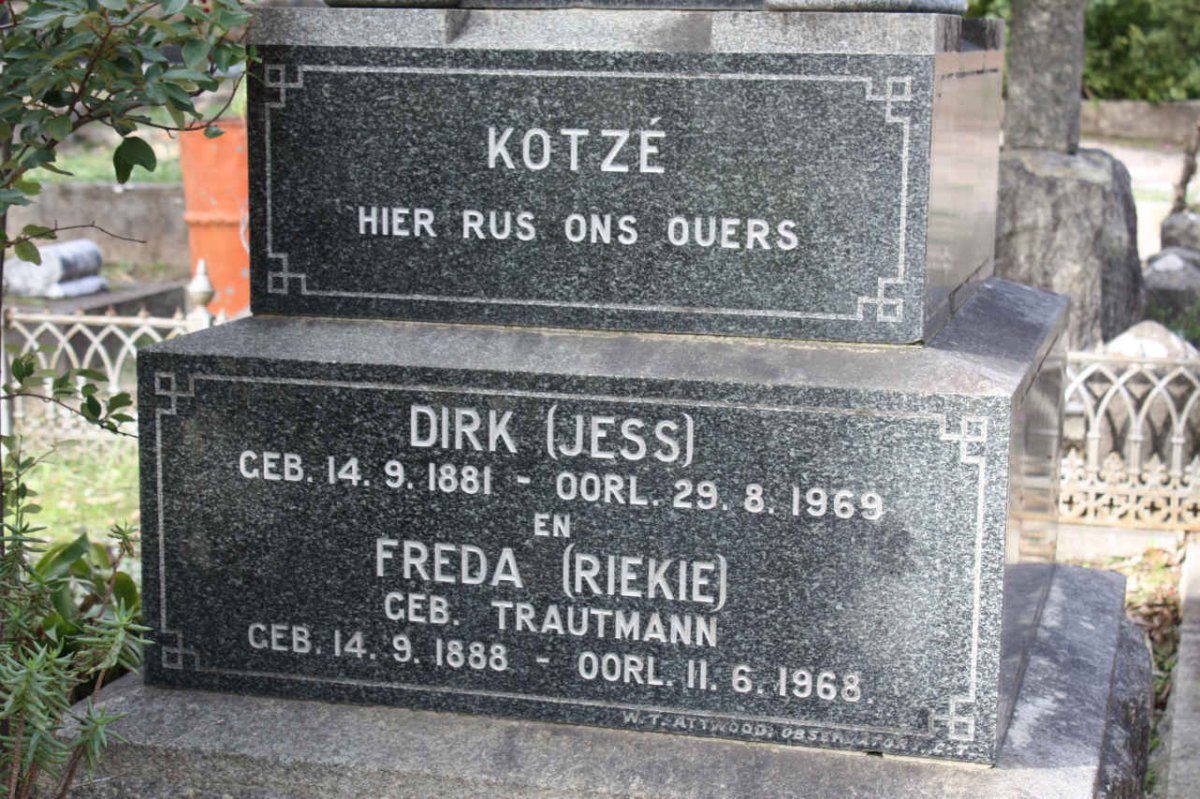 KOTZÉ Dirk 1881-1969 &amp; Freda TRAUTMANN 1888-1968