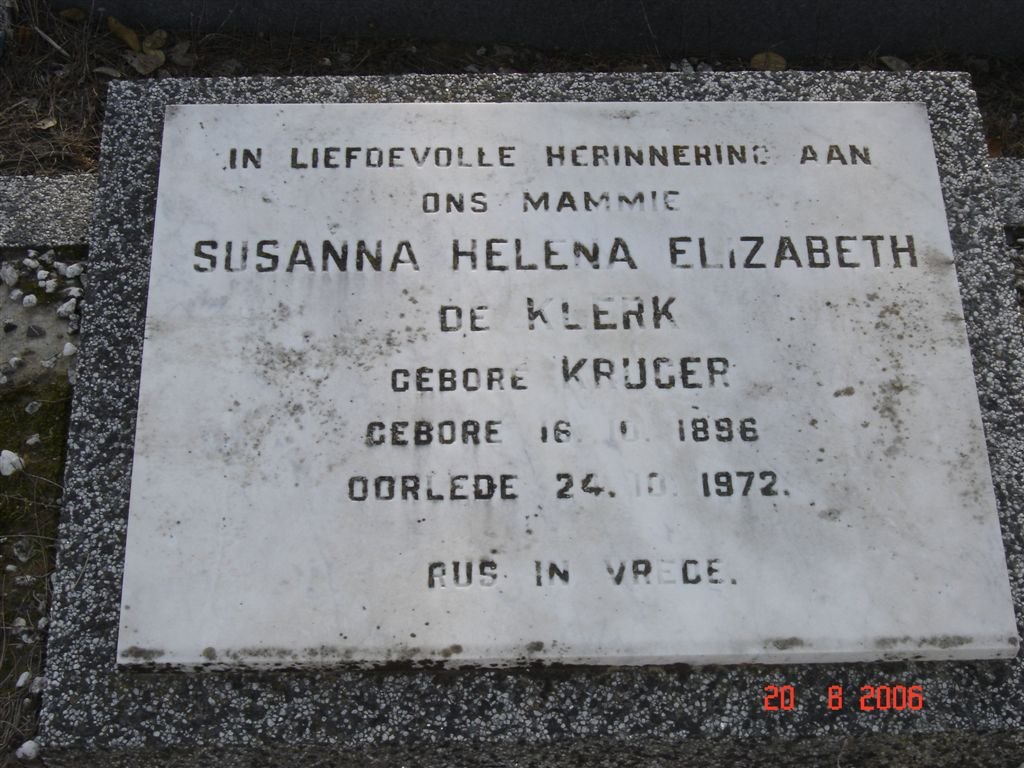 KLERK Susanna Helena Elizabeth, de nee KRUGER 1896-1972