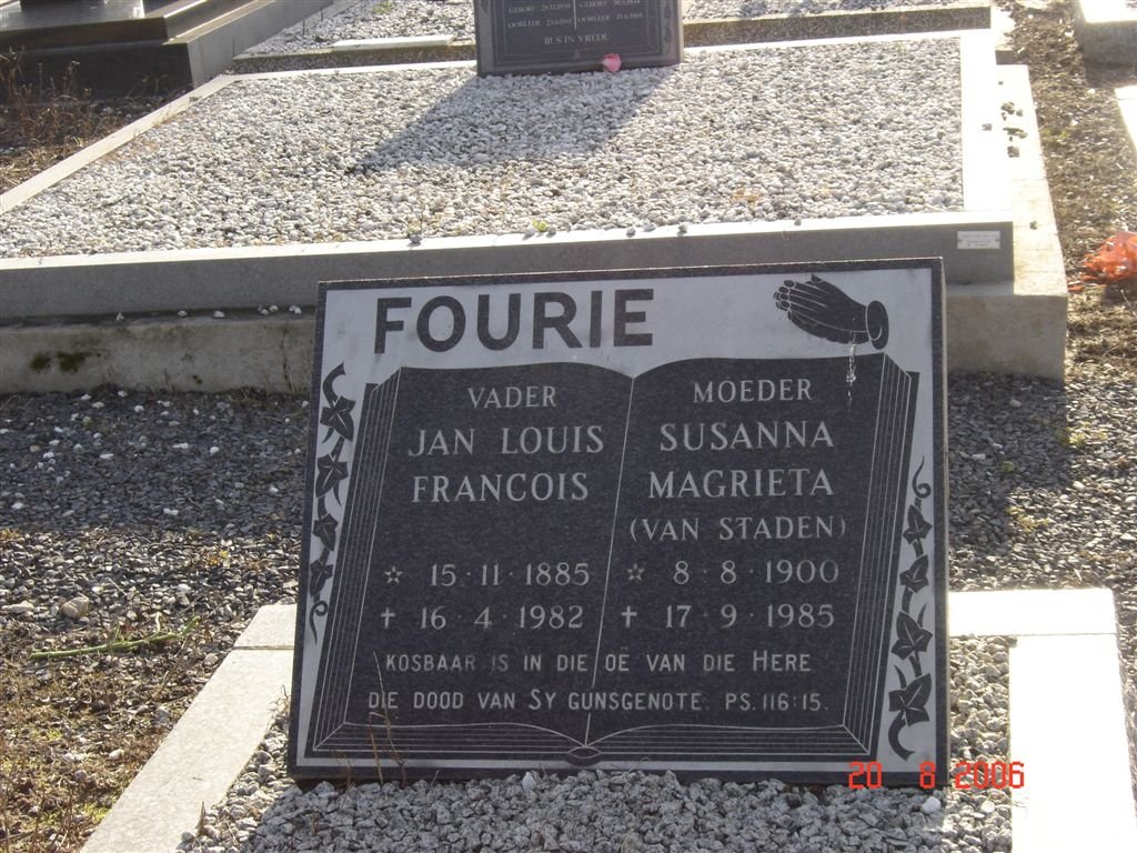 FOURIE  Jan Louis Francois 1885-1982 &amp; Susanna Magrieta VAN STADEN 1900-1985