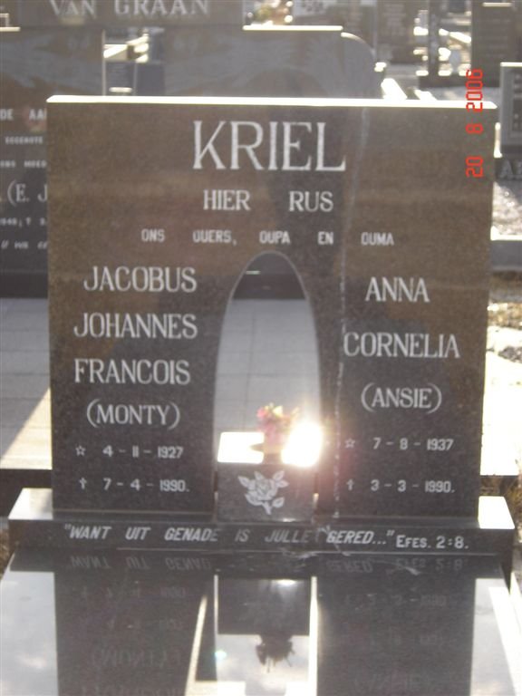 KRIEL Jacobus Johannes Francois 1927-1990 &amp;  Anna Cornelia 1937-1990