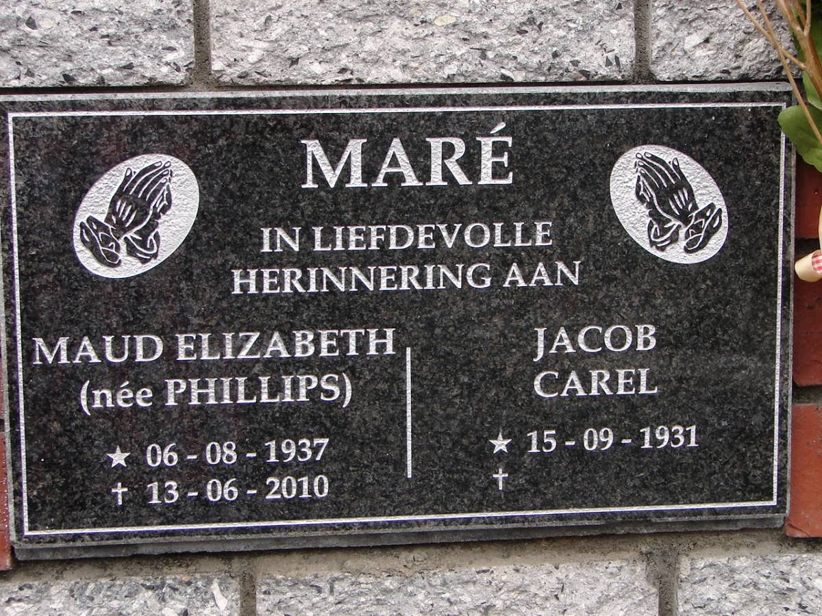 MARÉ Jacob Carel 1931- &amp; Maud Elizabeth PHILLIPS 1937-2010