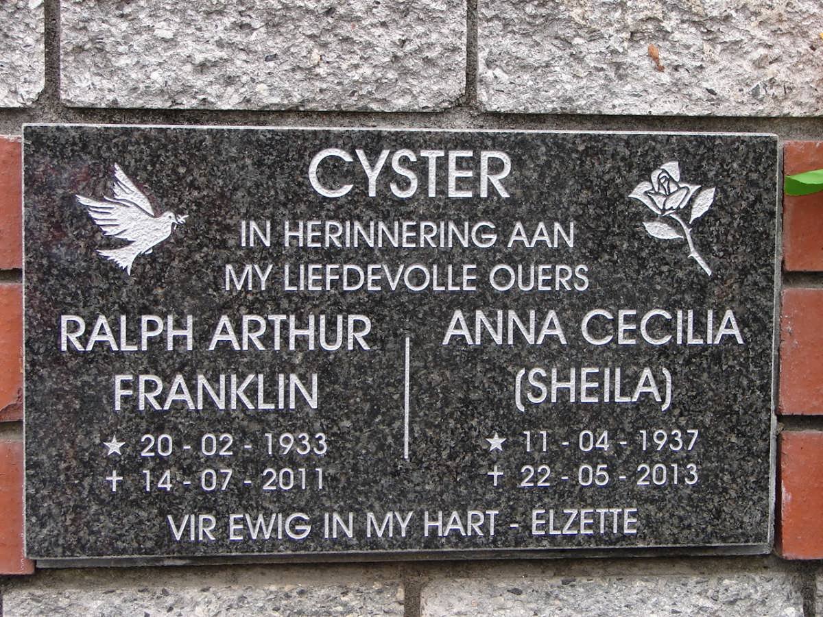 CYSTER Ralph Arthur Franklin 1933-2011 &amp; Anna Cecilia 1937-2013