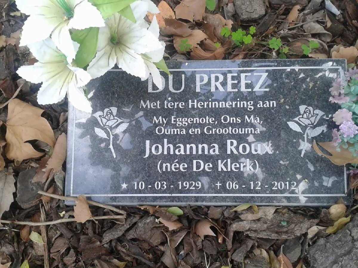PREEZ Johanna Roux, du nee DE KLERK 1929-2012