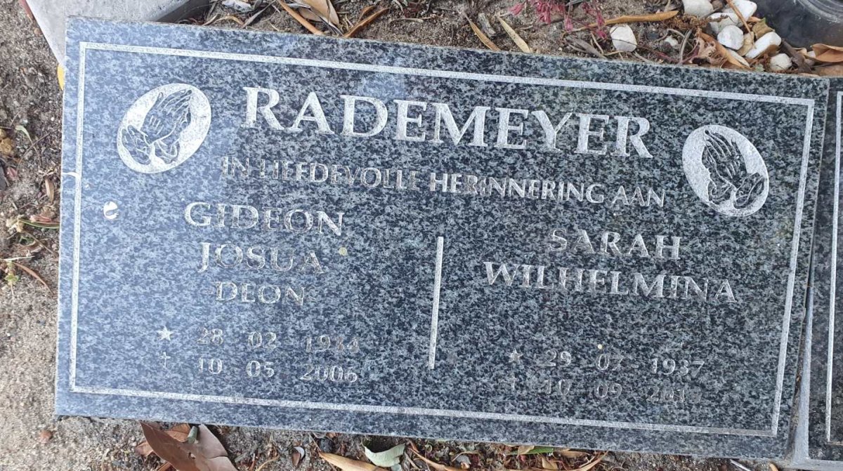 RADEMEYER Gideon Josua 1934-2006 & Sarah Wilhelmina 1937-2015