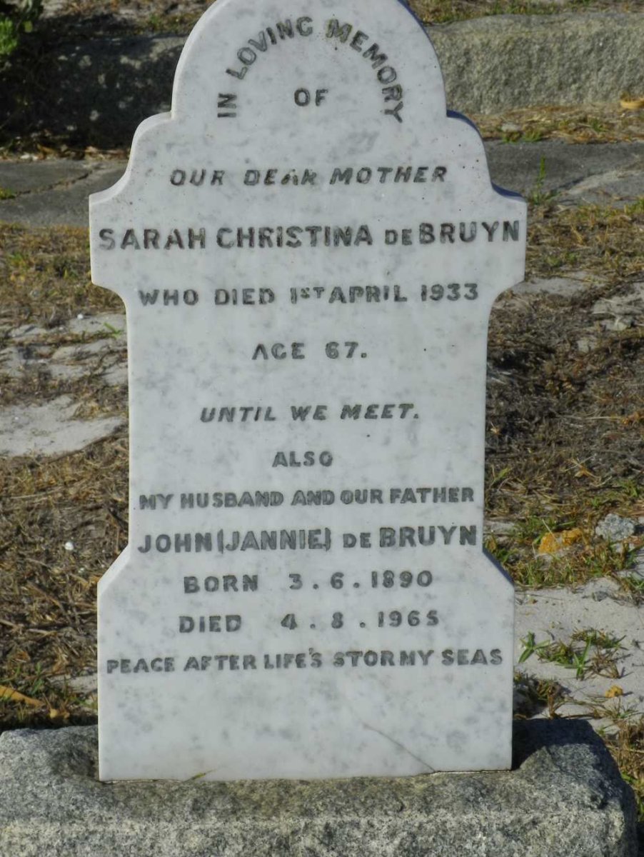 BRUYN Sarah Christina, de  -1933 :: DE BRUYN John 1890-1965