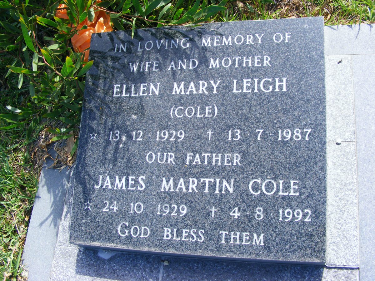 COLE James Martin 1929-1992 &amp; Ellen Mary Leigh 1929-1987