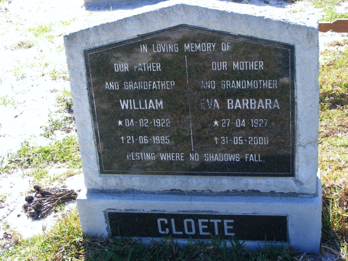 CLOETE William 1922-1995 &amp; Eva Barbara 1927-2000