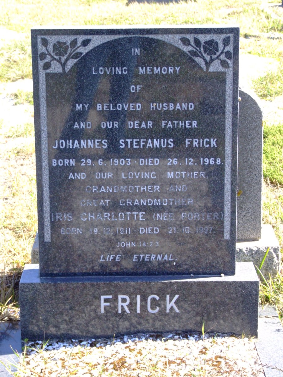 FRICK Johannes Stefanus 1903-1968 &amp; Iris Charlotte PORTER 1911-1997