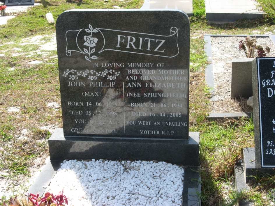 FRITZ John Phillip 1929-1998 &amp; Ann Elizabeth SPRINGFIELD 1934-2005