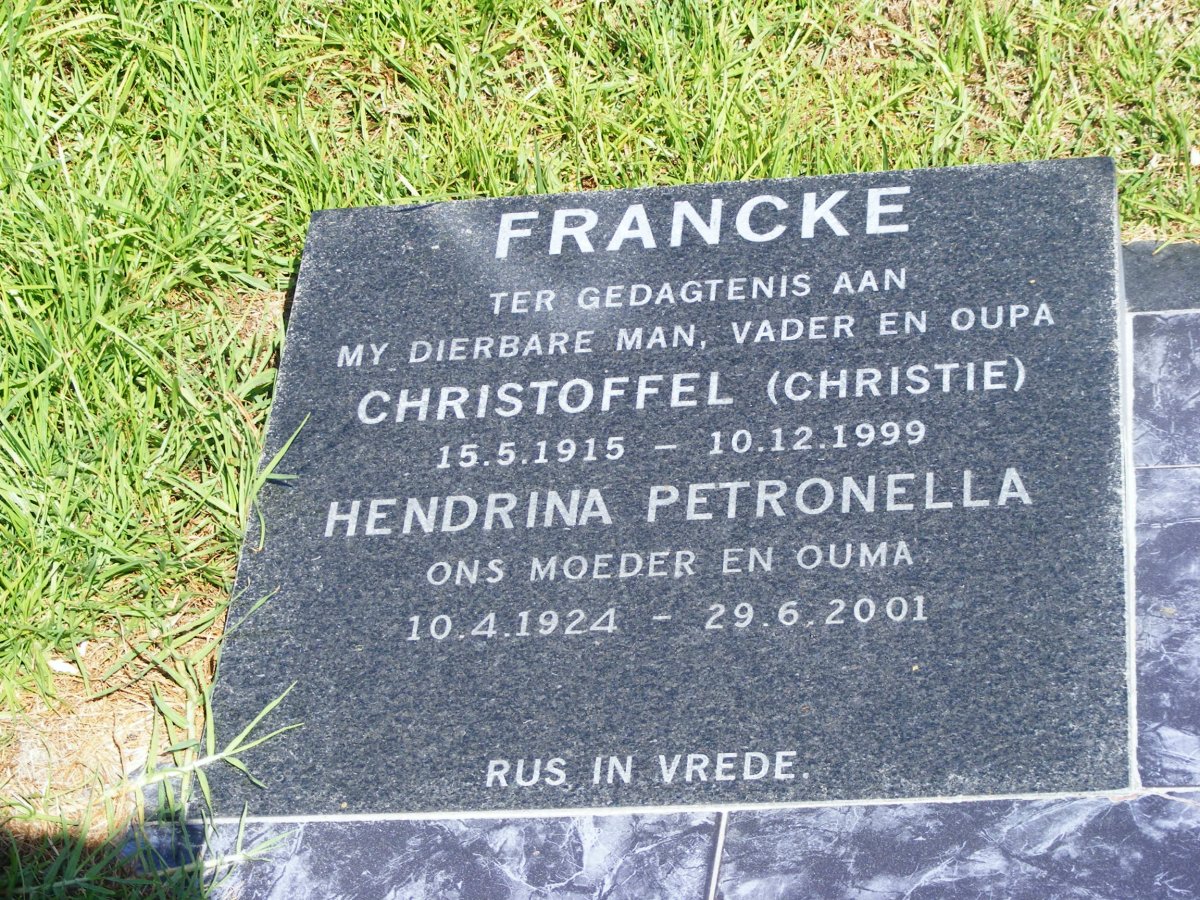 FRANCKE Christoffel 1915-1999 &amp; Hendrina Petronella 1924-2001