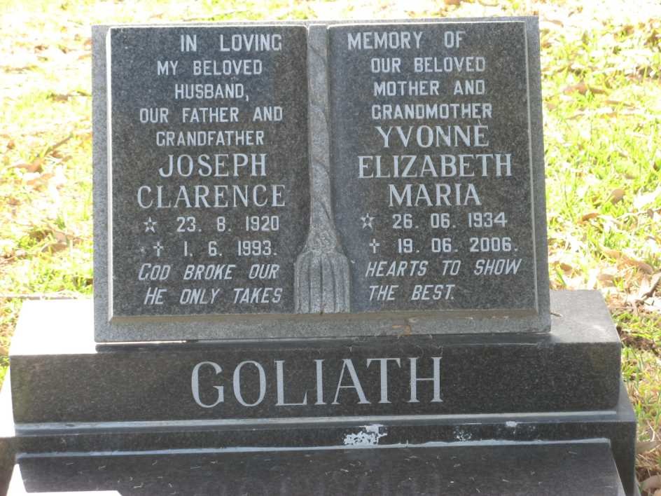 GOLIATH Joseph Clarence 1920-1993 &amp; Yvonne Elizabeth Maria 1934-2006