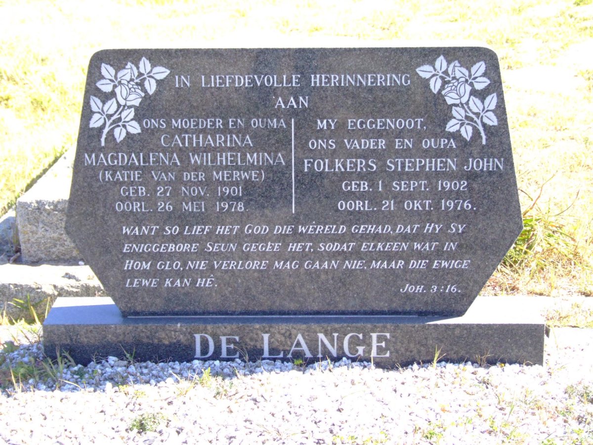 LANGE Folkers Stephen John, 1902-1976 &amp; Catharina Magdalena Wilhelmina VAN DER MERWE 1901-1978
