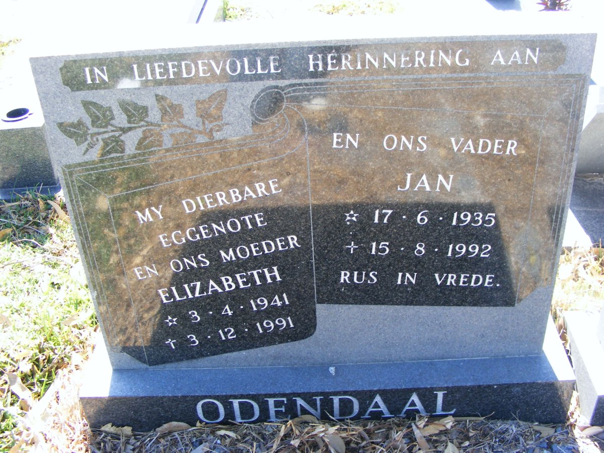 ODENDAAL Jan 1935-1992 &amp; Elizabeth 1941-1991