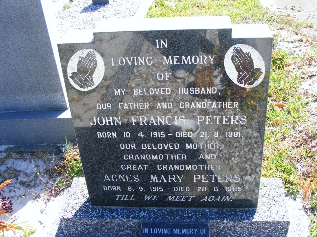 PETERS John Francis 1915-1981 &amp; Agnes Mary 1915-1985