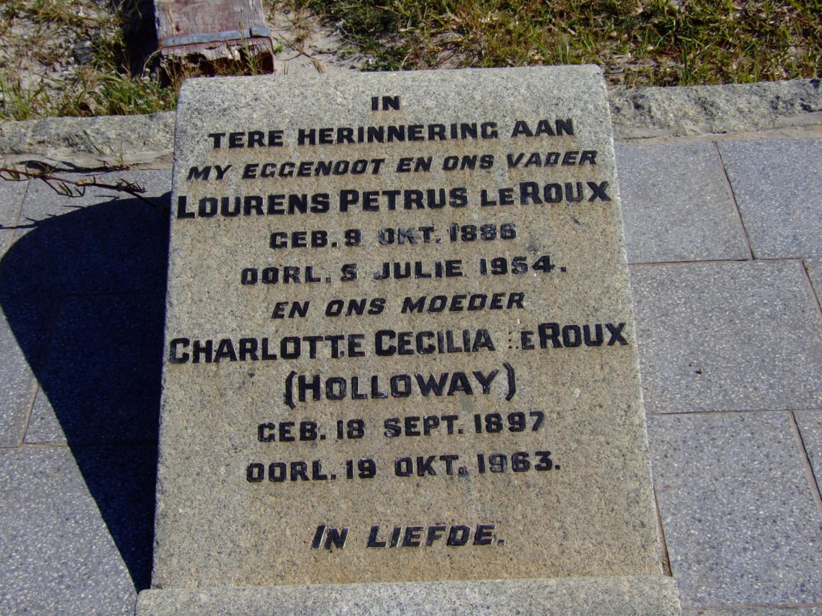 ROUX Lourens Petrus, le 1886-1954 &amp; Charlotte Cecilia HOLLOWAY 1897-1963