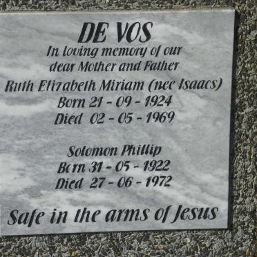 VOS Solomon Phillip, de 1922-1972 &amp; Ruth Elizabeth Miriam ISAACS 1924-1969