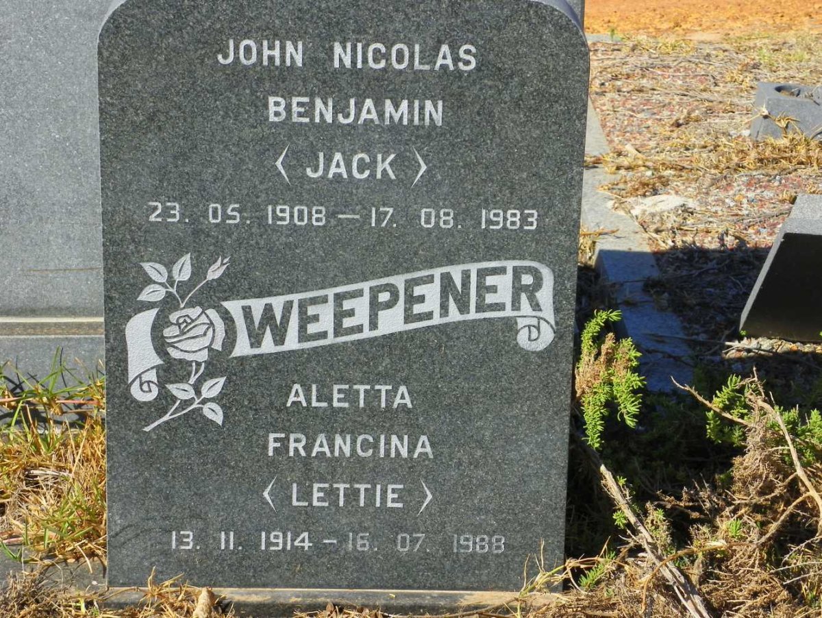 WEEPENER John Nicolas Benjamin 1908-1983 &amp; Aletta Francina 1914-1988