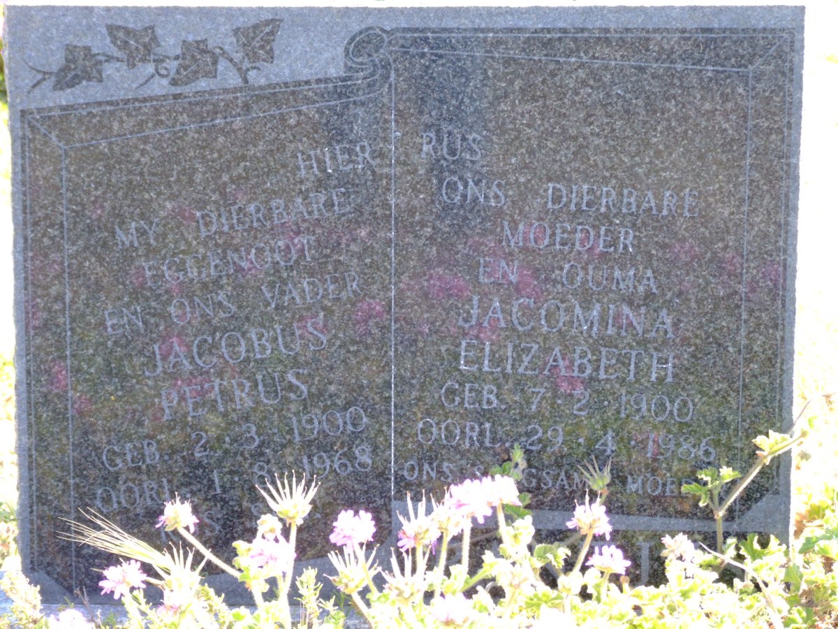 BANTJIES Jacobus Petrus 1900-1968 &amp; Jacomina Elizabeth 1900-1986