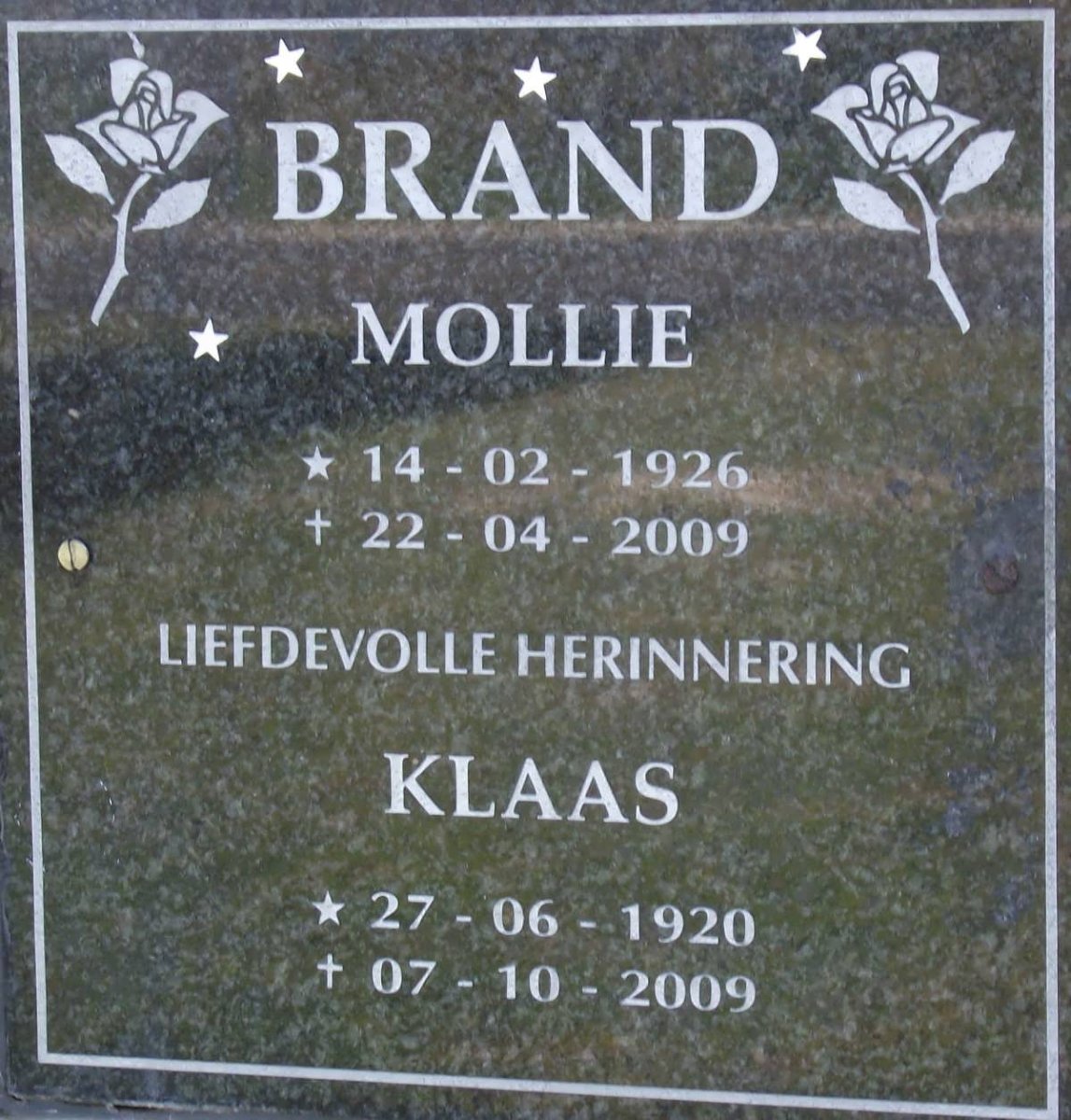 BRAND Klaas 1920-2009 &amp; Mollie 1926-2009