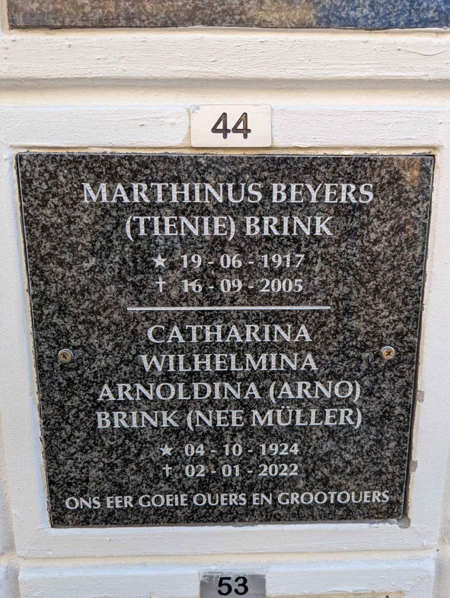 BRINK Marthinus Beyers 1917-2005 &amp; Catharina Wilhelmina Arnoldina MULLER 1924-2022
