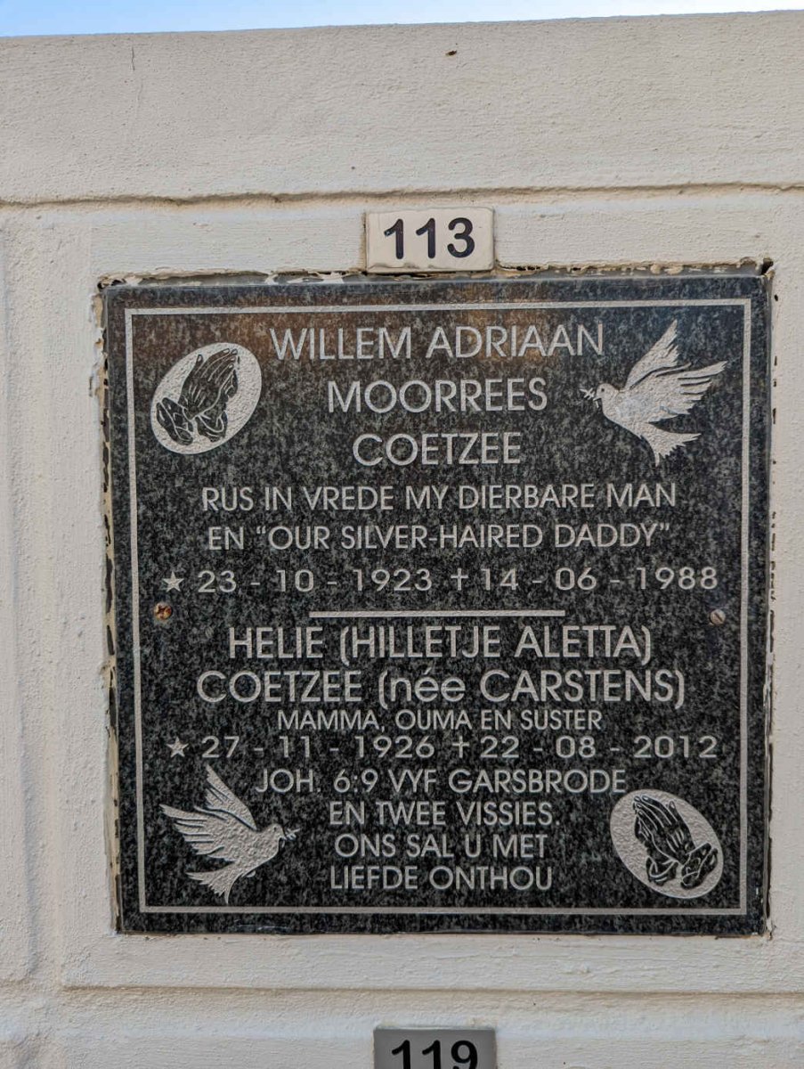 COETZEE Willem Adriaan Moorrees 1923-1988 &amp; Hilletje Aletta CARSTENS 1926-2012