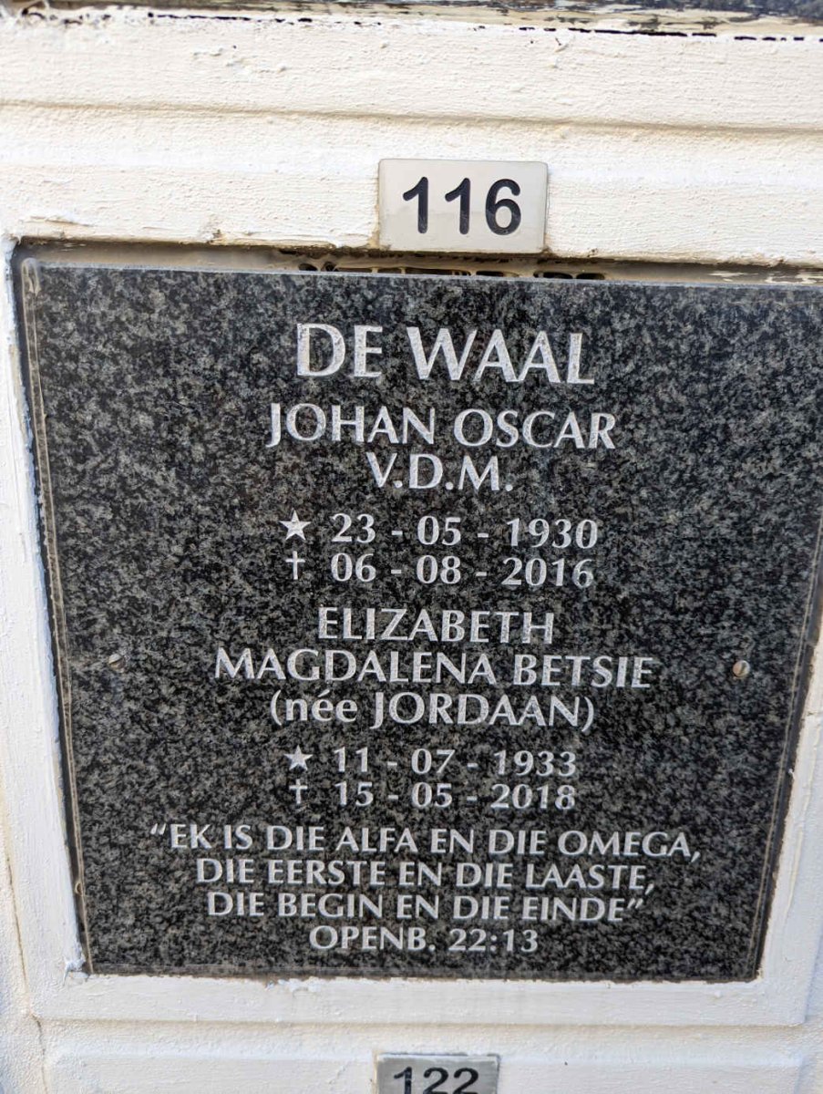 WAAL Johan Oscar V.D.M., de 1930-2016 &amp; Elizabeth Magdalena Betsie JORDAAN 1933-2018