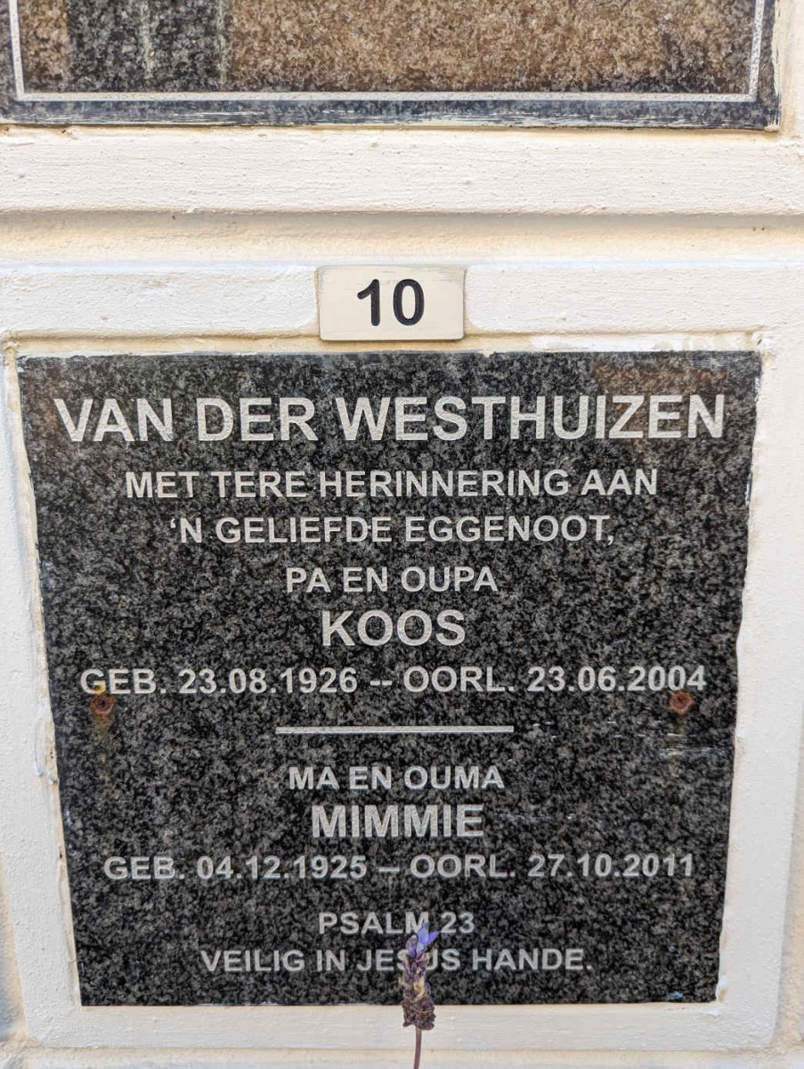 WESTHUIZEN Koos, van der 1926-2004 &amp; Mimmie 1925-2011