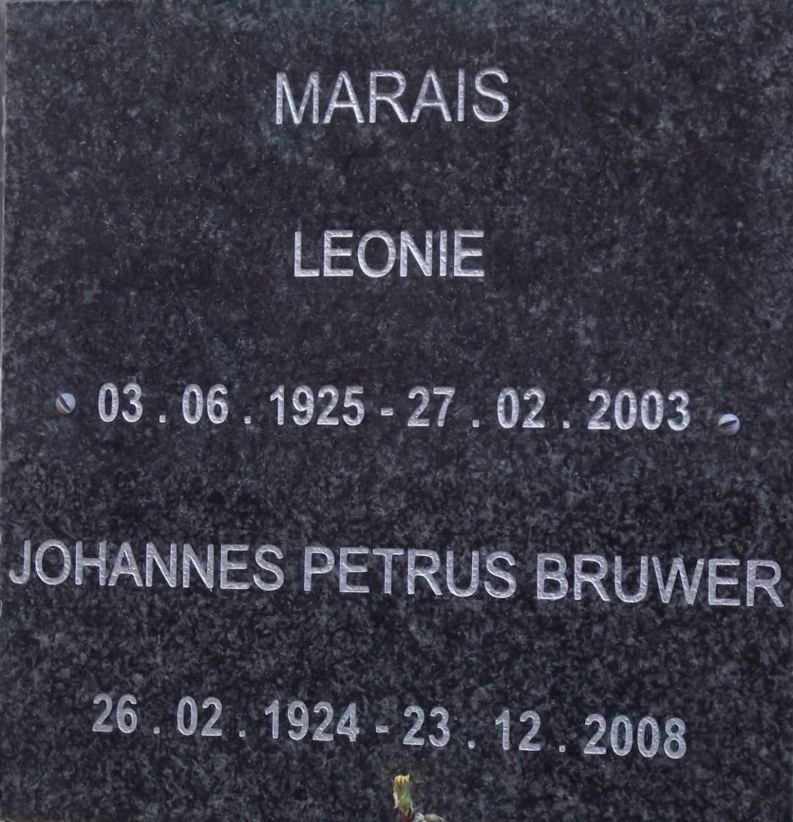 MARAIS Johannes Petrus  Bruwer 1924-2008 &amp; Leonie 1925-2003