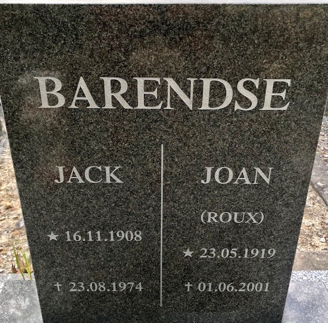 BARENDSE Jack 1908-1974 &amp; Joan ROUX 1919-2001