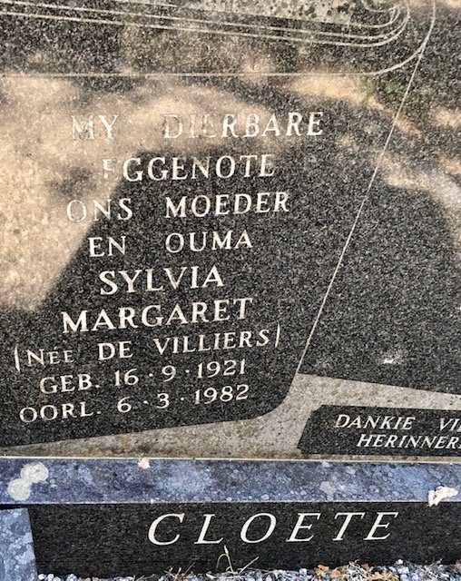 CLOETE Sylvia Margaret nee DE VILLIERS 1921-1982