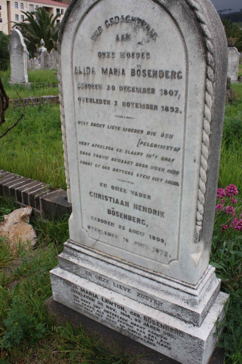 BOSENBERG Christiaan Hendrik 1809-1872 &amp;  Alida Maria 1807-1892 :: LAWTON  Alida Maria nee BOSENBERG -1914