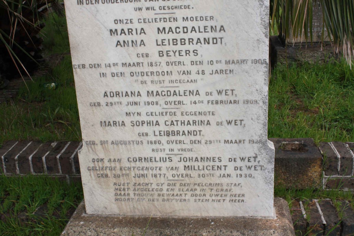 LEIBBRANDT Maria Magdalena Anna nee BEYERS 1857-1905 :: DE WET Adriana Magdalena 1908-1909
