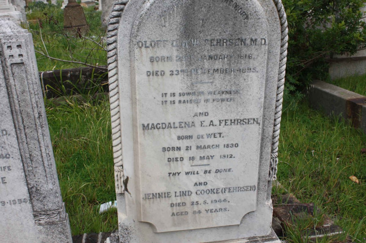 FEHRSEN Oloff G. de W. 1816-1895 :: FEHRSEN Magdalena E.A. nee de WET 1830-1912 :: COOKE Jennie Lind nee FEHRSEN -1944