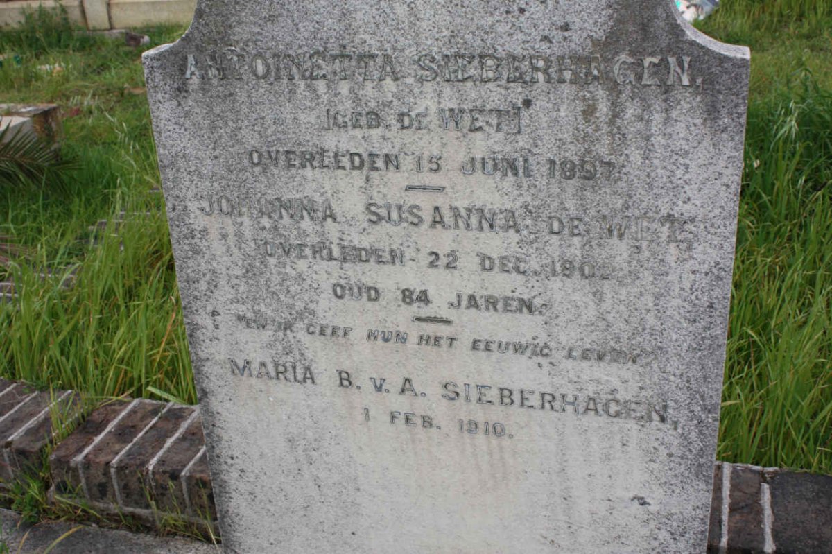 SIEBERHAGEN Antoinetta nee DE WET -1897 :: DE WET Johanna Susanna -1902 :: SIEBERHAGEN Maria B. v. A. -1910