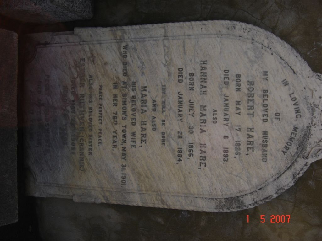 HARE Robert 1826-1893 &amp; Maria -1901 :: HARE Hannah Maria 1866-1884 :: RUTHVEN Esther -1905 :: HOLDSWORTH Peggy -1936