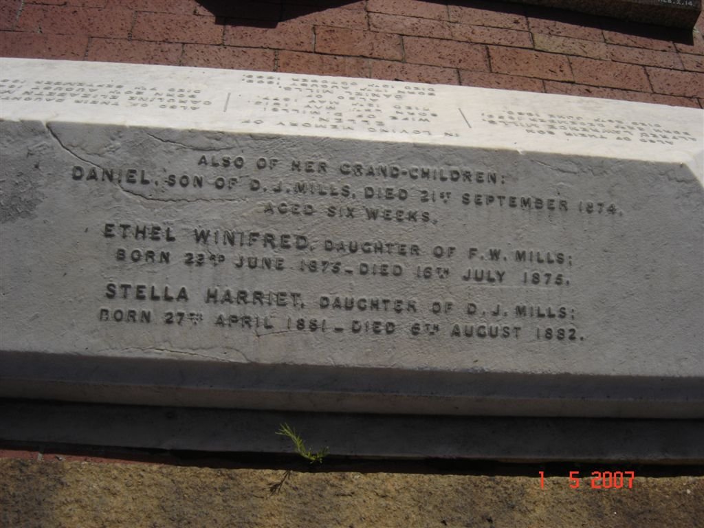 MILLS Daniel -1874, MILLS Ethel Winifred 1875-1875, MILLS Stella Harriet 1881-1882