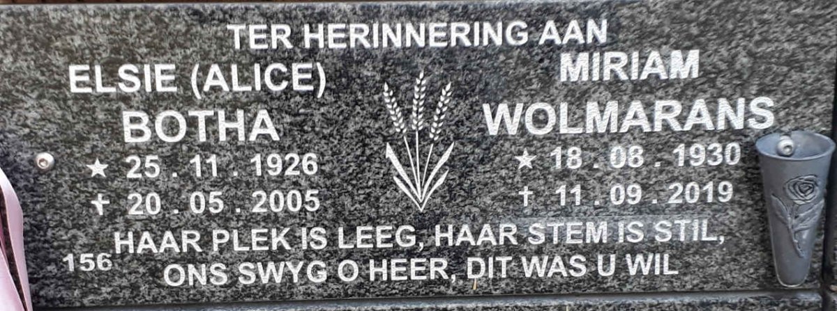 BOTHA Elsie 1926-2005 :: WOLMARANS Miriam 1930-2019
