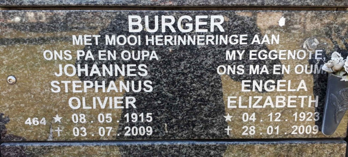 BURGER Johannes Stephanus Olivier 1915-2009 &amp; Engela Elizabeth 1923-2009