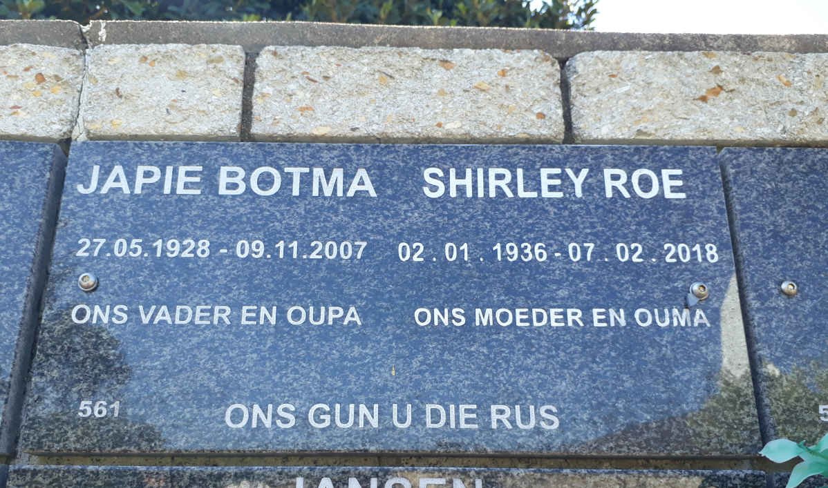 BOTMA Japie 1928-2007 &amp; Shirley ROE 1936-2018