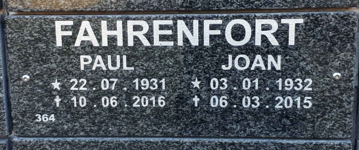 FAHRENFORT Paul 1931-2016 &amp; Joan 1932-2015