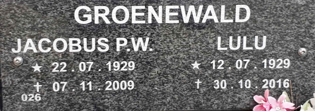 GROENEWALD Jacobus P.W. 1929-2009 &amp; Lulu 1929-2016