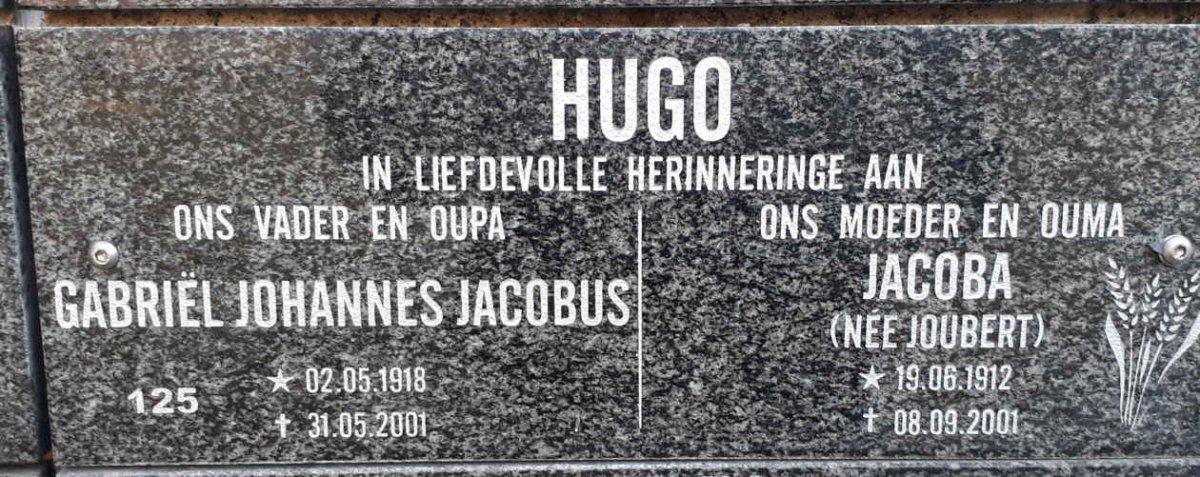 HUGO Gabriel Johannes Jacobus 1918-2001 &amp; Jacoba JOUBERT 1912-2001