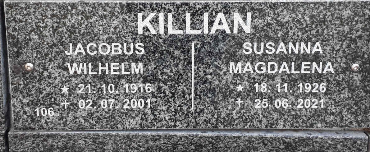 KILLIAN Jacobus Wilhelm 1916-2001 &amp; Susanna Magdalena 1926-2021