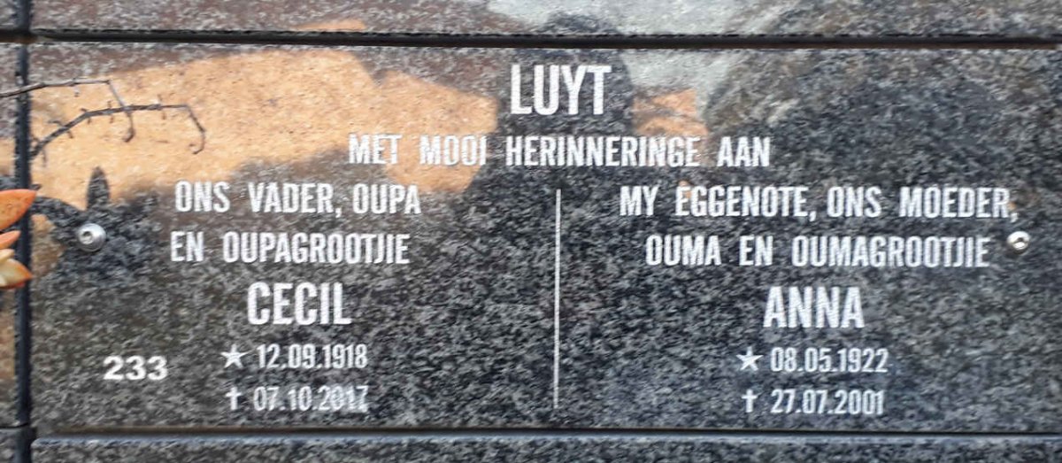 LUYT Cecil 1918-2017 &amp; Anna 1922-2001