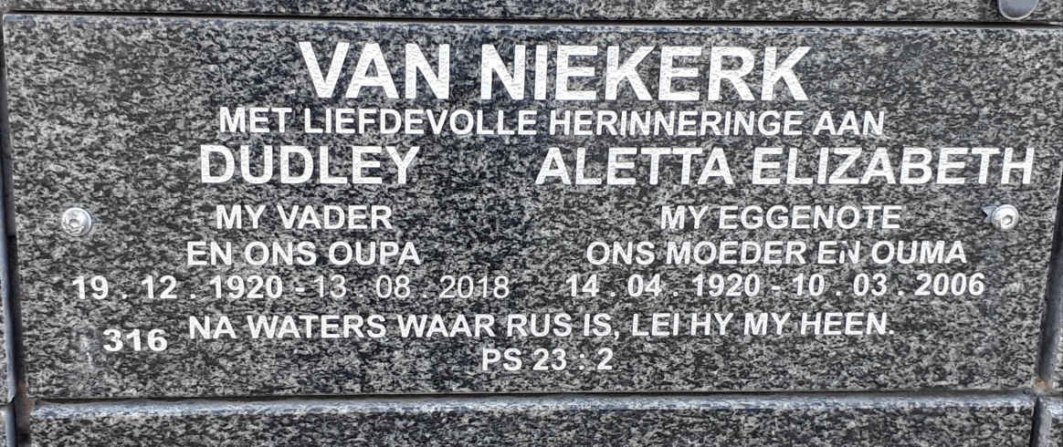 NIEKERK Dudley, van 1920-2018 &amp; Aletta Elizabeth 1920-2006